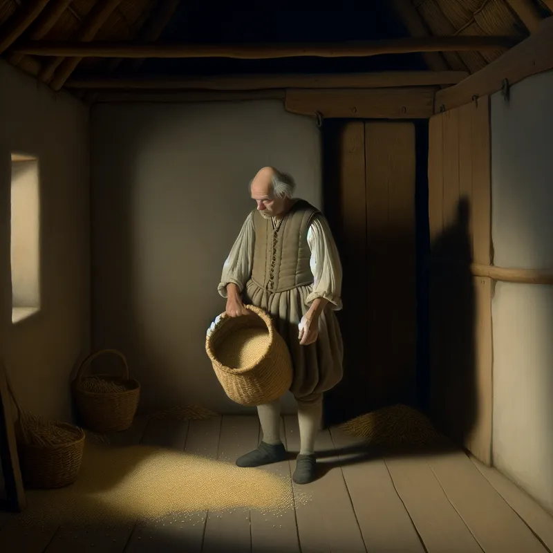 17e-eeuwse Nederlandse boer met bijna lege oogstmand in sobere schuur, symboliserend karig resultaat