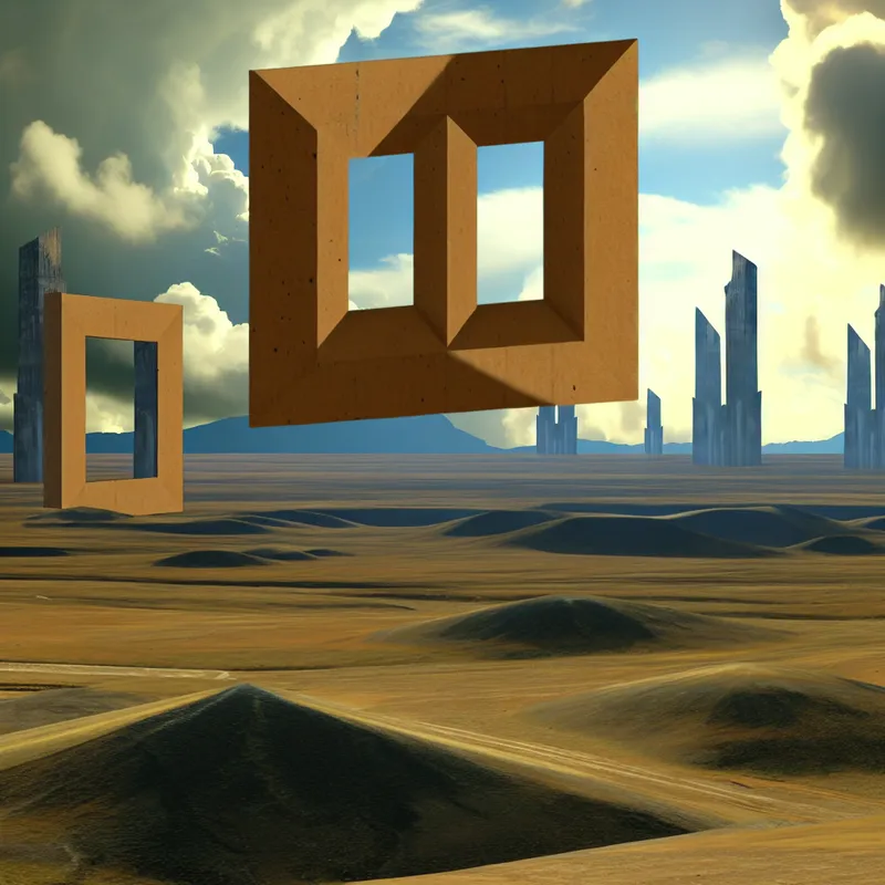 Hyperrealistisch beeld van een groot kartonnen vierkant in een surrealistisch landschap, met vier hoeken die in de lucht uitsteken.