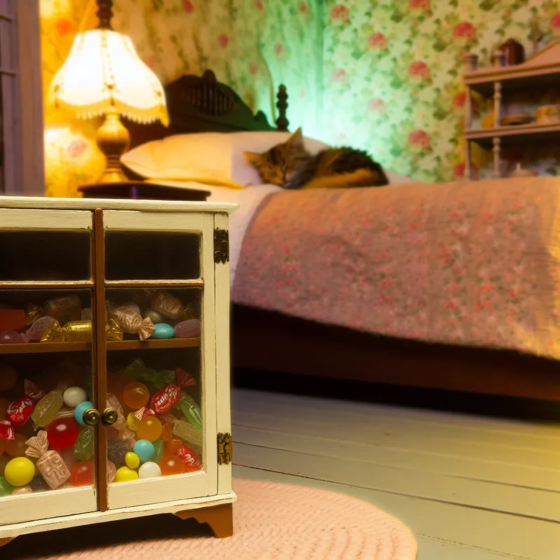 Klein sieraad van een kastje voor snoep met glazen deuren, gevuld met kleurrijke snoepjes, naast een bed in een warme slaapkamer.