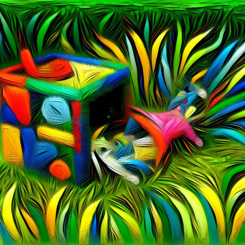 Een speelse kat die zich ontspant in een kleurrijk en fantasierijk hokje in een abstracte tuin.