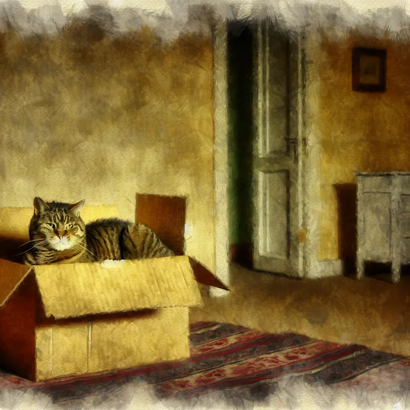 Europese korthaar kat in een kartonnen doos in een gezellige kamer