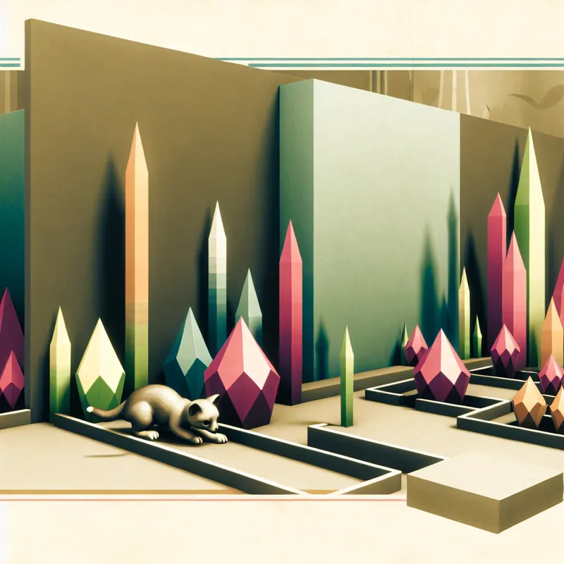 Een nieuwsgierige kat kruipt voorzichtig door een smalle tuinpad omringd door geometrisch gevormde planten.