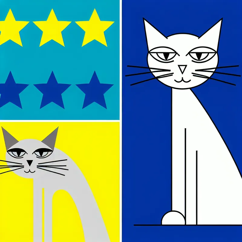 Minimalistische illustratie van een trotse kat in Dick Bruna-stijl, met een vurige houding en sluwe uitdrukking, omringd door sterren en bloemen.