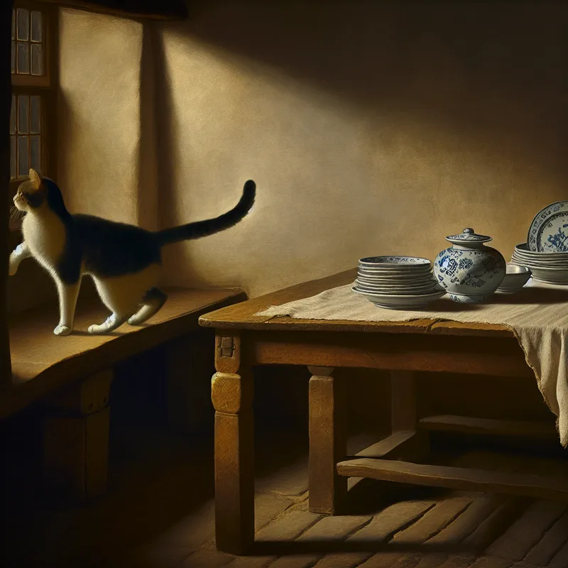 Kat draait sierlijk om tafel met Delfts blauwe servies in sfeervol interieur.