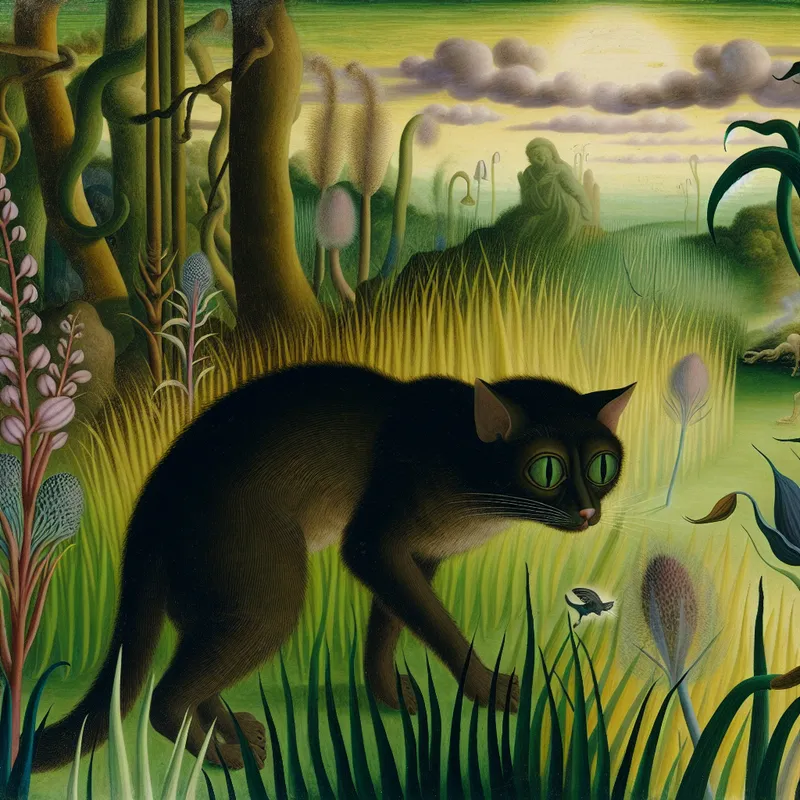 Een kat sluipt stilletjes door het hoge, groene gras terwijl het gericht is op een klein, fantasierijk wezen.