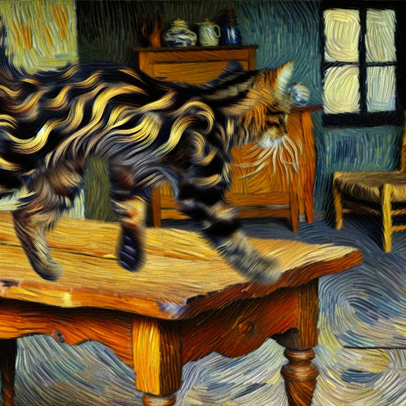 Dynamische schildering van een kat die weg springt van een houten tafel in Van Gogh-stijl met zwierige penseelstreken en levendige kleuren