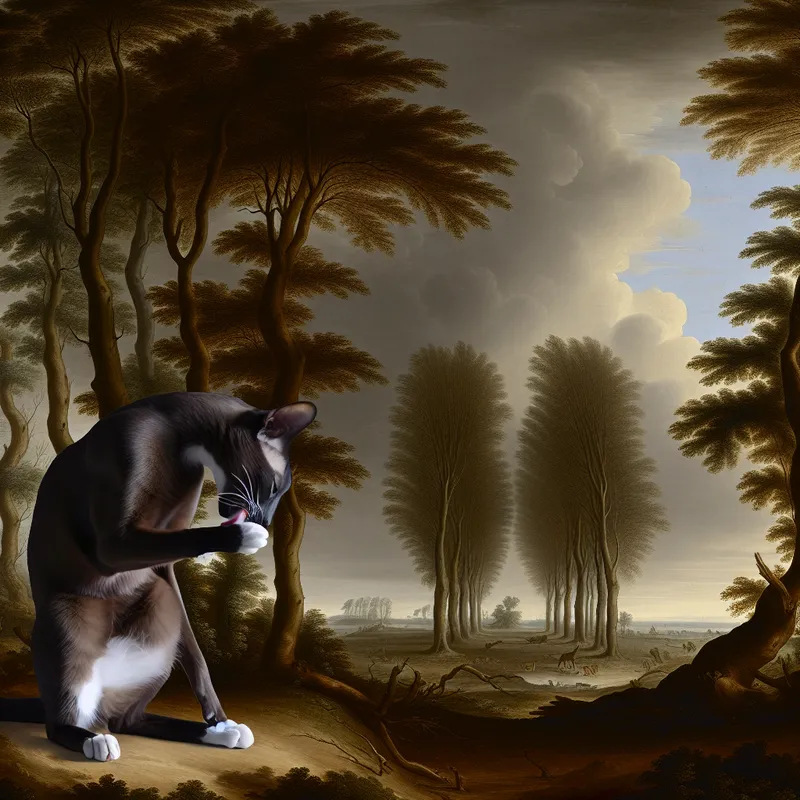 17e-eeuws Nederlands landschap met kat die zichzelf verzorgt in een bosrijke omgeving, ter illustratie van terugverwijzing in taal