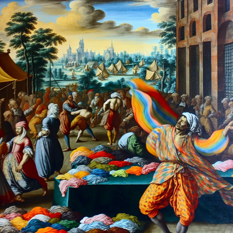 Een persoon toont trots een luchtig katoenen shirt op een drukke markt met levendige kleuren en figuren.