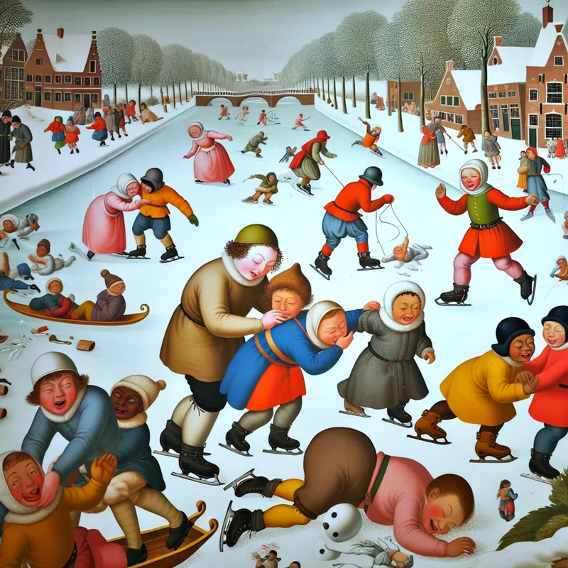 Levendige winterse scène met kinderen die kattenkwaad uithalen op een bevroren kanaal, in de stijl van Hendrick Avercamp