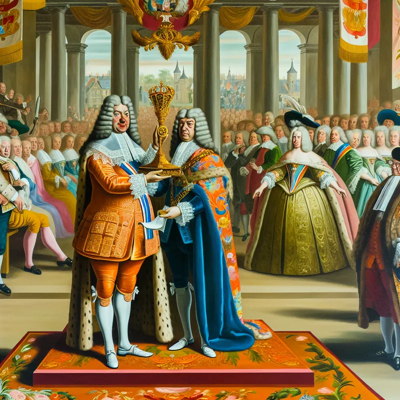 Een keizer ontvangt een prestigieuze prijs in een kleurrijke ceremonie.