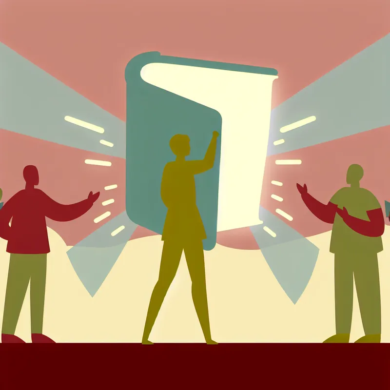 Minimalistische illustratie van een persoon die een gloeiend boek als schild of wapen gebruikt tijdens een discussie, symboliserend kennis als krachtig middel