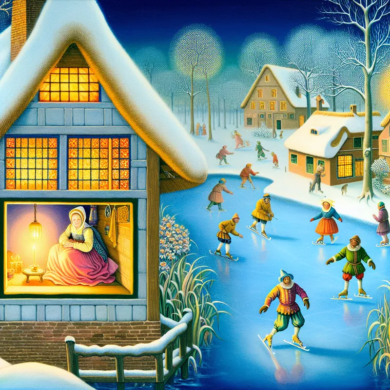 Vrouw rust vredig in een warme cottage terwijl een man veilig schaatst op het bevroren kanaal buiten, symboliserend kennis en bewustzijn van veiligheid in een winterse scène in de stijl van Hendrick Avercamp