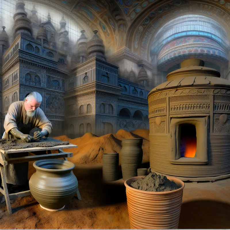 Vaardige artisan in een keramiek werkplaats kneedt natte klei tot een pot met surrealistische architectuur op de achtergrond.