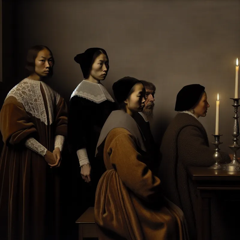 Kleine groep mensen in een sfeervolle, kaarsverlichte kerk, gekleed in verfijnde kleding met zachte stoffen zoals kant, fluweel en wol, die een gevoel van eenheid en gedeelde spiritualiteit uitstralen