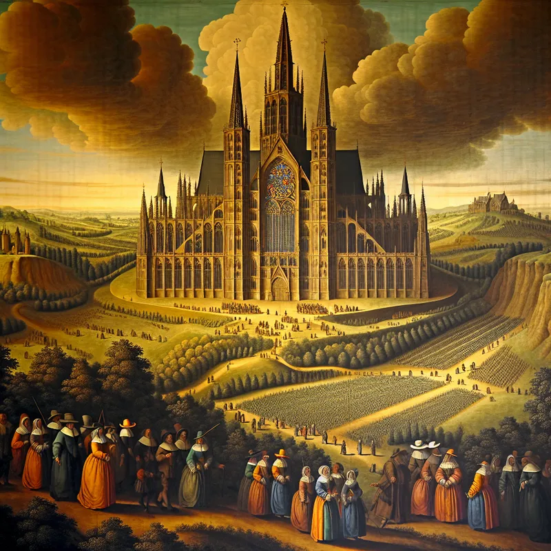 17e-eeuws Hollands landschap met gotische kathedraal en kerkgangers, symboliserend lidmaatschap van een kerkgenootschap