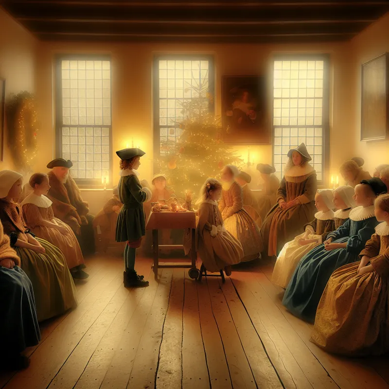 Kerstfeest op school met kinderen die optreden op een bescheiden podium, omringd door ouders en leerkrachten in een sfeervol versierde zaal in de stijl van Johannes Vermeer