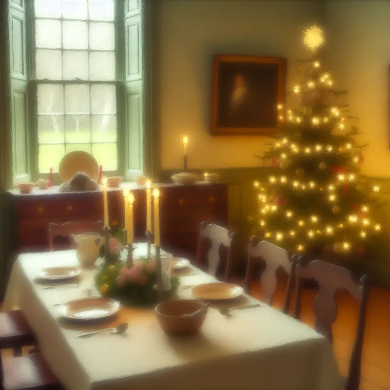 Gezellige kersttafel in een serene eethoek met een goed versierde kerstboom en sfeervolle verlichting.