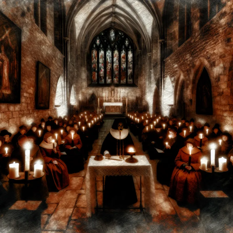 Priester in donker verlichte kerk tijdens kerstmis, omringd door kaarslicht