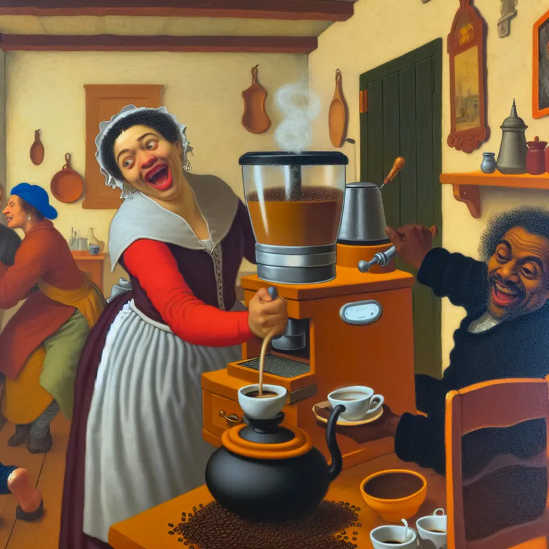 Een levendige en humoristische keuken met een borrelende koffiemachine en blije personages die koffie bereiden.