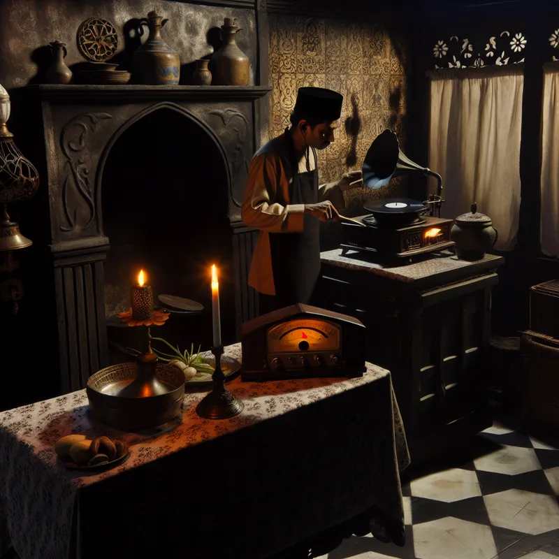 Een persoon in een donker verlichte keuken staat naast een fornuis, luistert naar een vintage platenspeler en kookt in een mysterieuze sfeer.