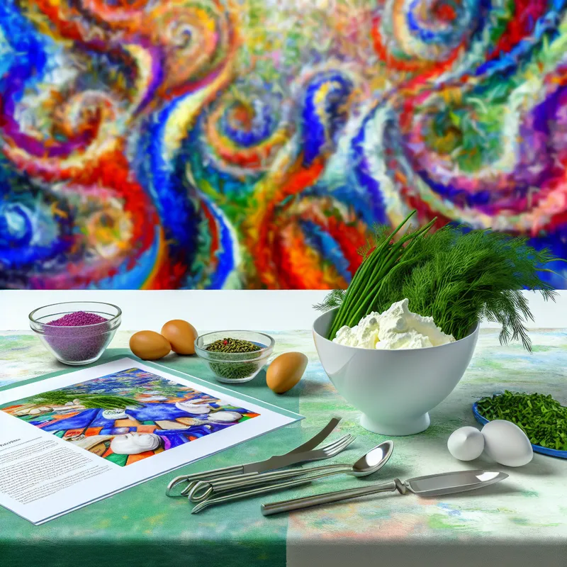 Een kleurrijke keuken met een grote kom quark omringd door verse kruiden en kookgerei.