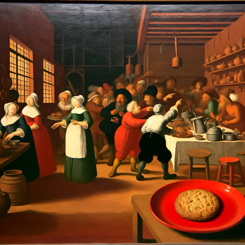 Een levendige keuken met een tafel waarop een enkele koekje op een felrode schaal ligt, terwijl verschillende personages druk bezig zijn met koken op de achtergrond.