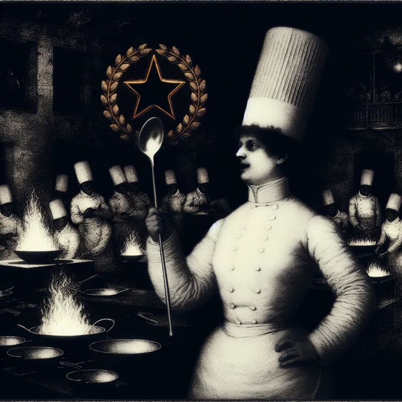 Dramatische illustratie van een keukenbaas in een hoogwaardige restaurantkeuken, omringd door sous-chefs en culinaire activiteit, in de stijl van Félicien Rops