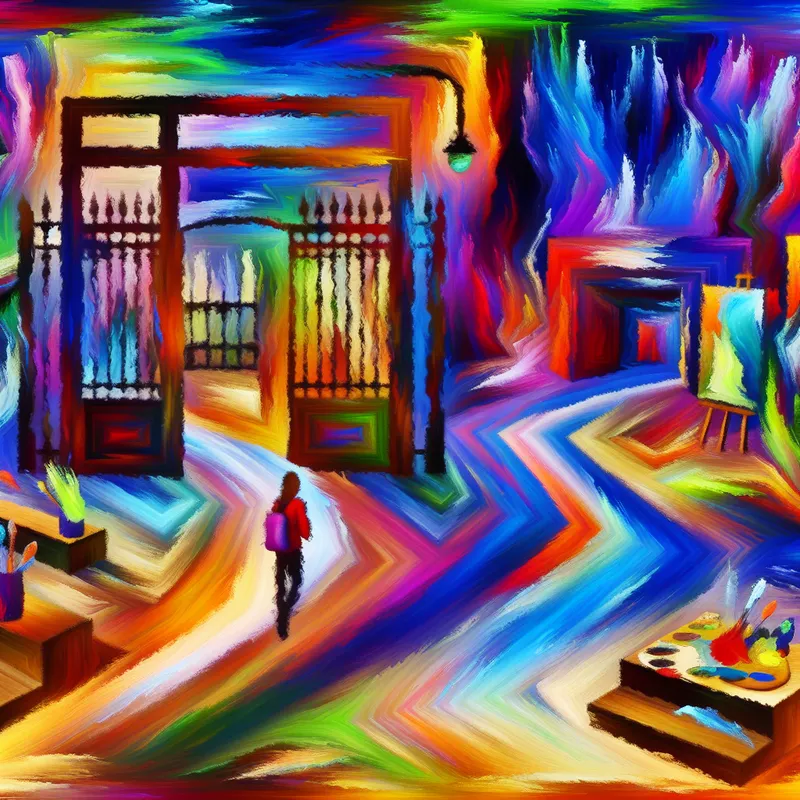 Abstract expressionistische afbeelding van een jongere die voor een keuze staat tussen een traditionele klas en een creatieve ruimte vol kunstbenodigdheden.