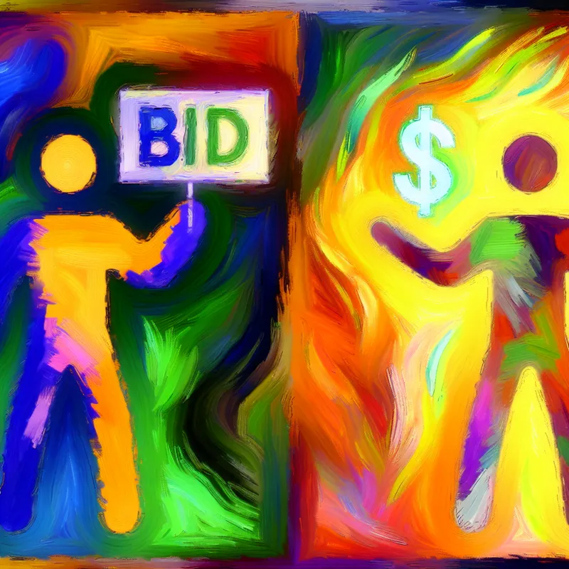 Abstracte voorstelling van een keuze tussen twee personen: een competitieve bieder met een dollarteken en een vertrouwde bekende met een warme uitstraling