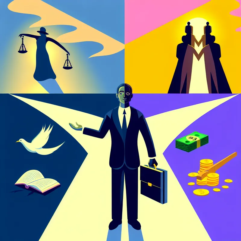 Retro-futuristische illustratie van een persoon die bij een kruispunt staat tussen idealen en uitbuiting, symboliserend het verraad van principes voor eigen gewin