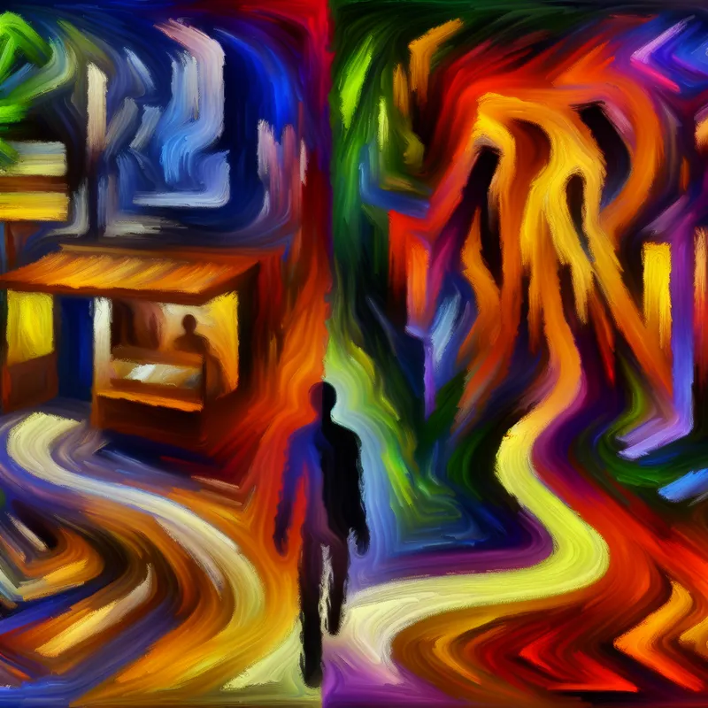 Abstracte expressieve voorstelling van een persoon die nadenkt over de keuze tussen een surrealistisch koffiecafé en een dynamische bioscoop.