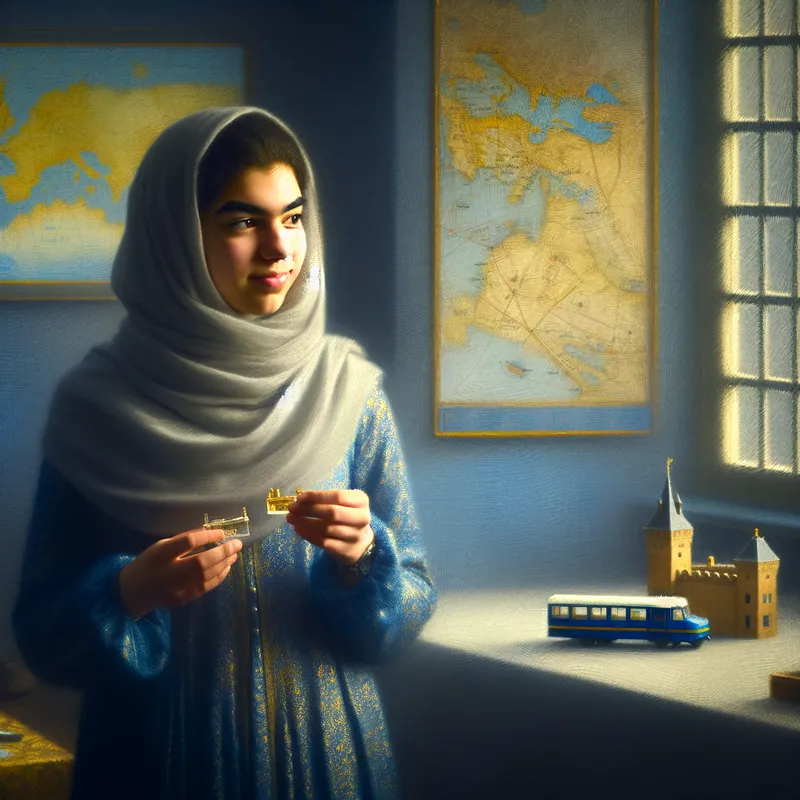 Jonge vrouw overweegt keuzes in rustige kamer met trein en bus als symbolen voor opties