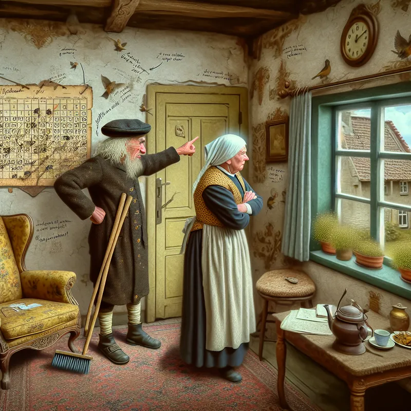 Oud echtpaar kibbelt gezellig in een nostalgische woonkamer over een klein tuinprobleem, in de stijl van Anton Pieck