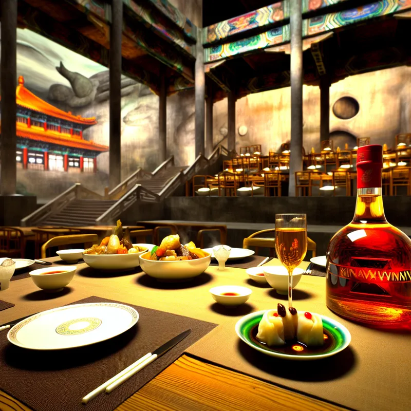 Hyper-realistische weergave van een prachtig gedekte eettafel in een Aziatisch restaurant met een fles kinawijn en dim sum gerechten.