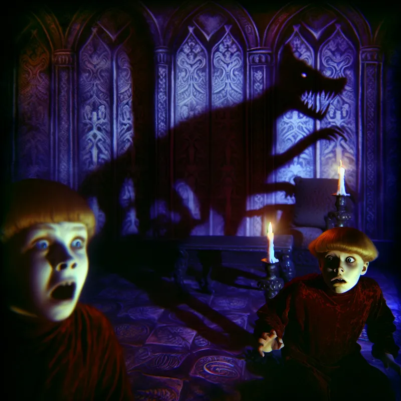 Een jong kind met grote, bange ogen staat verstijfd in angst voor de schaduw van een grote hond in een duistere, gotische ruimte.