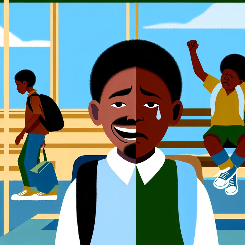 Een minimalistische illustratie van een kind bij een schoolbusstop met zowel blijdschap als verdriet.