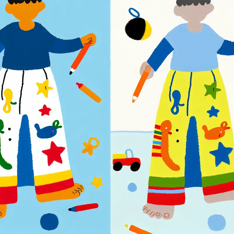 Minimalistische illustratie van een jong kind in een kleurrijk broekje met sterren en dierenpatronen, speels en gelukkig met speelgoed.