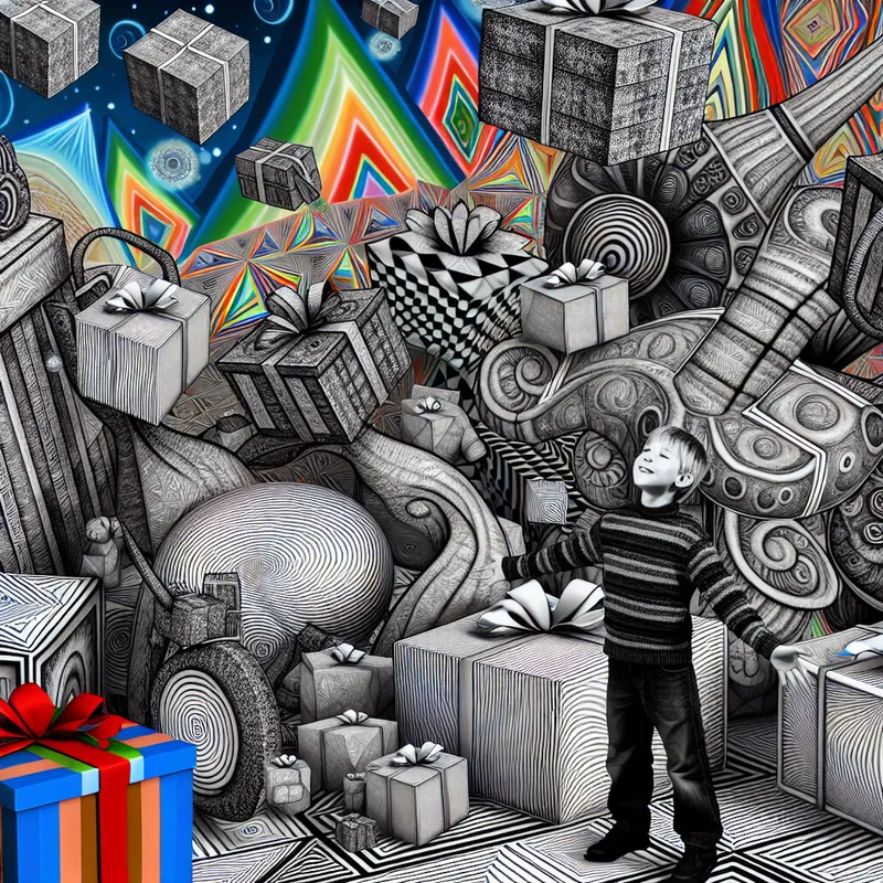 Een kind omringd door kleurrijke en fantasierijke cadeaus in een surrealistisch landschap, met een blije uitdrukking op zijn gezicht.