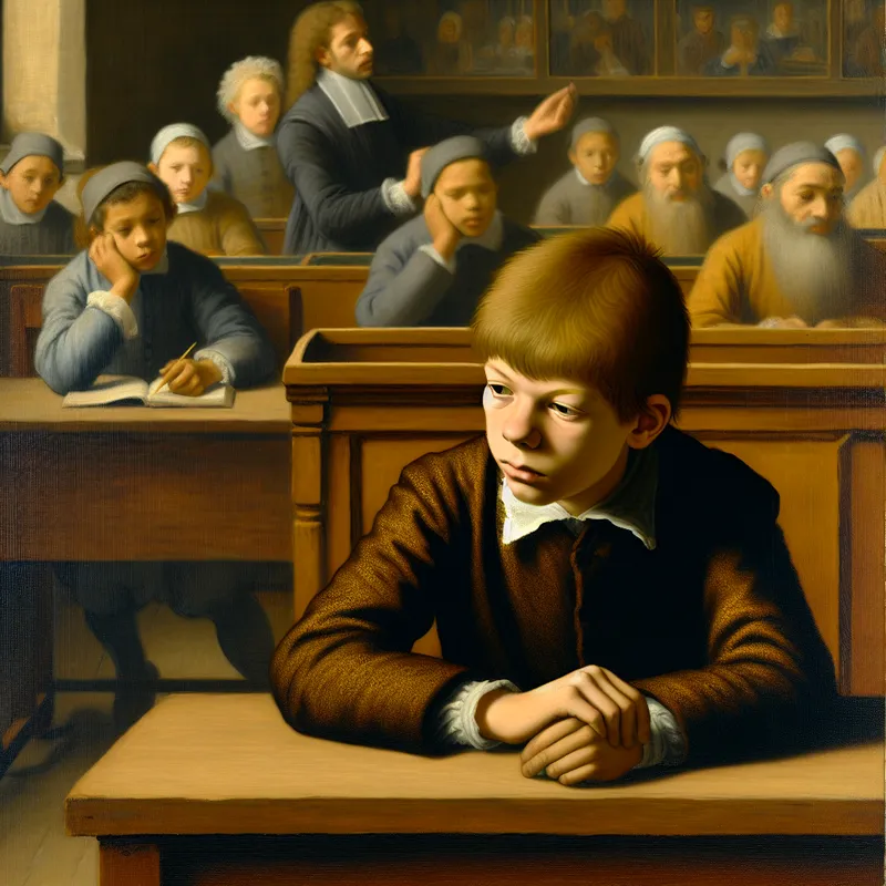 Jong kind zit onrustig aan houten schoolbank tijdens les, worstelt met concentratie in stille klas