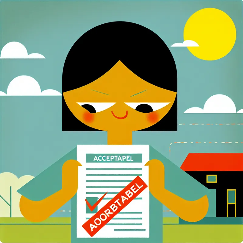 Illustratie van een kind dat een contract met een grote 'geaccepteerd' stempel vasthoudt, met een puzzelende maar hoopvolle uitdrukking.