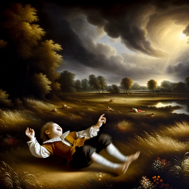 Kind rolt lachend over de grond in een weelderig landschap, zich omdraaiend met speelse beweging