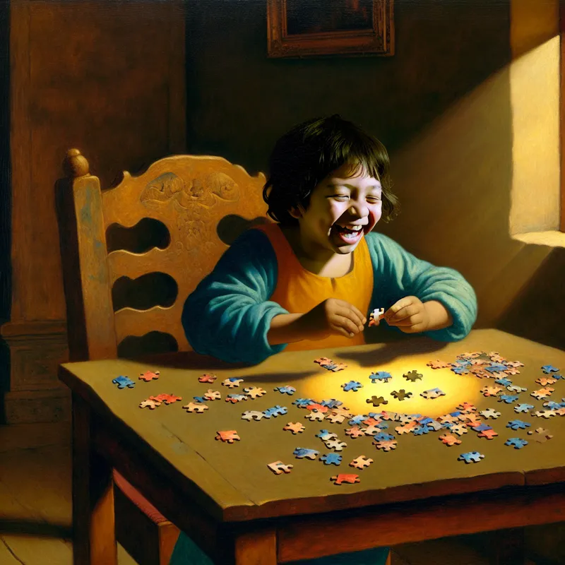 Een kind met een blije uitdrukking voltooit snel een eenvoudig puzzel op een houten tafel, omringd door kleurrijke puzzelstukjes in een Barokke setting.