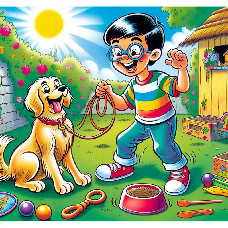 Een enthousiast kind van ongeveer 7 jaar oud met een gouden retriever in een zonnige achtertuin, waarbij het kind de riem vasthoudt en het hondenvriendje geduldig naast hen zit.