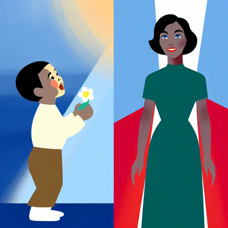 Minimalistische illustratie van een kind dat omhoog kijkt naar een blije volwassene, symboliserend de groei naar volwassenheid.