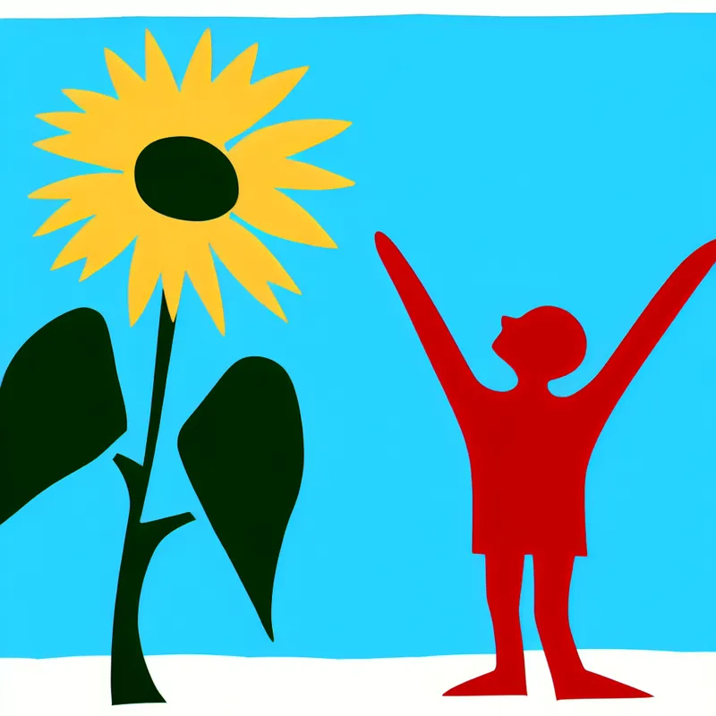 Minimalistische illustratie van een vrolijk kind naast een grote zonnebloem, beide gegroeid en met uitgestrekte armen, symboliserend groei en ontwikkeling