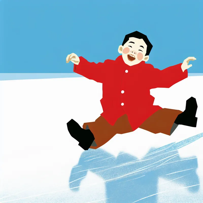 Kind in rode jas glijdt speels op een ijzig trottoir, minimale illustratie in stijl van Dick Bruna
