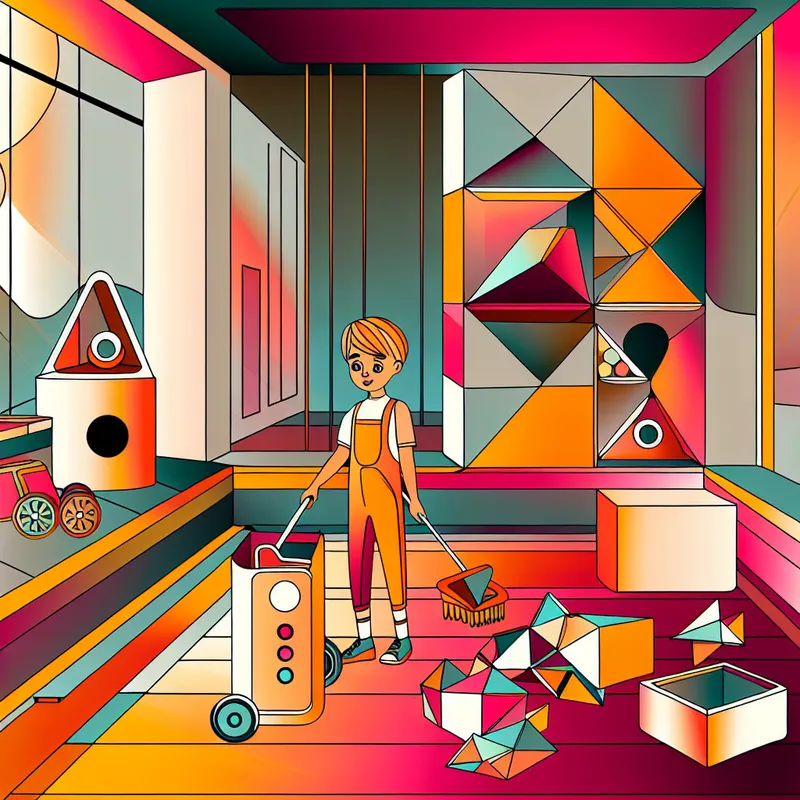 Een jonge kind opruimend in een kleurrijke, futuristische slaapkamer vol geometrische vormen en modern meubilair.