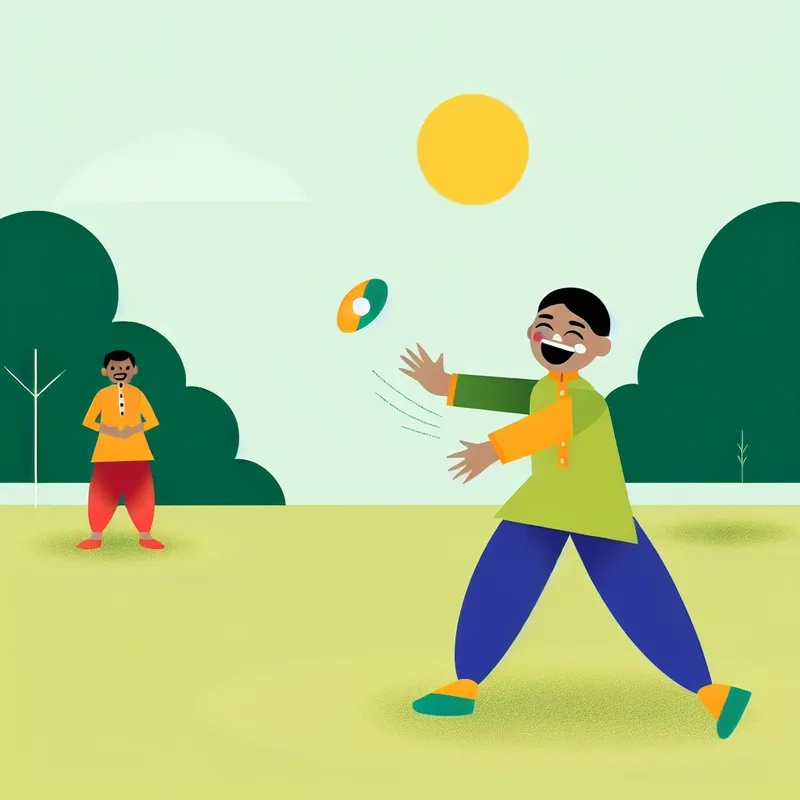 Een kind gooit een kleurrijke bal naar een vriend in een park, met een blije gezichtsuitdrukking.