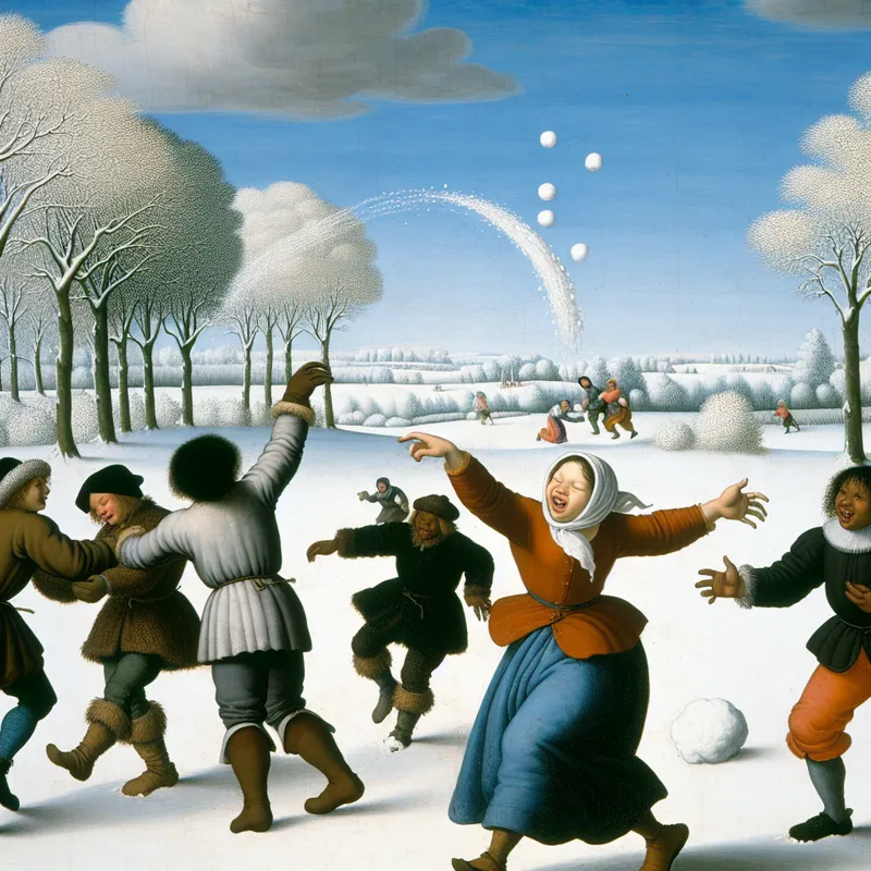 Een kind gooit een sneeuwbal in een levendig winterlandschap met vrienden die lachen en spelen.
