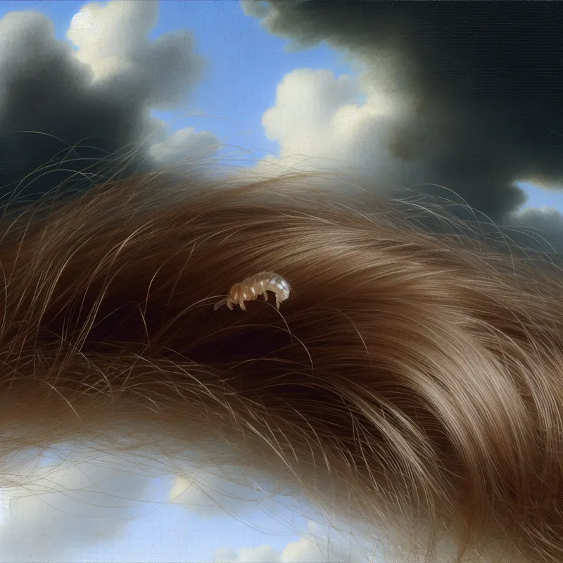 Close-up van het haar van een kind met een luisje, mooi in beeld gebracht met stormachtige lucht op de achtergrond.